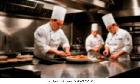 Three chefs in a professional kitchen are focused on food preparation, creating a dynamic and collaborative atmosphere. The image is slightly blurred, emphasizing the busy environment - Powered by Shutterstock