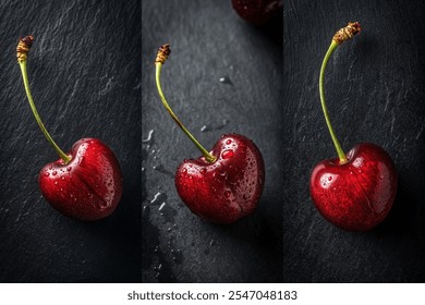 Three cherries are shown in a row, with one of them being heart shaped. The cherries are red and shiny, and they are placed on a black surface. Concept of freshness and natural beauty
