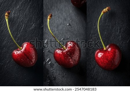 Three cherries are shown in a row, with one of them being heart shaped. The cherries are red and shiny, and they are placed on a black surface. Concept of freshness and natural beauty