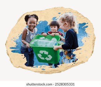 Three children, diverse ethnicities, recycling. Smiling kids, recycling plastic bottles. Happy children, recycling together. Kids, recycling, environmental awareness.  - Powered by Shutterstock