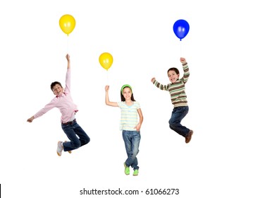 Three children flying with balloon inflated isolated on white background