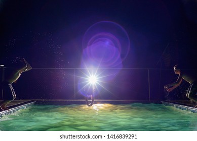 Three Children Are Jumping Into A Pool At Night With A Bright Off-camera Light Shining Toward The Camera Lens, Creating A Special Effect And A Dark, Moody Image. 