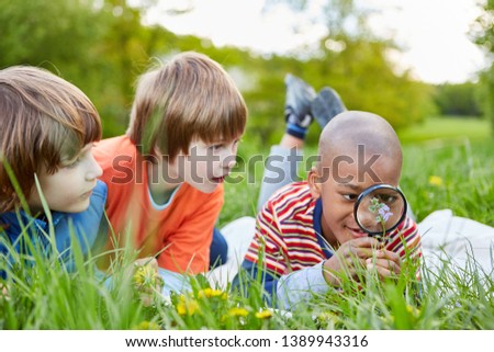 Three children are looking at a flower through a magnifying glass as a researcher and botanist