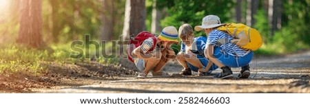 Three children sitting on the path and exploring something on it in a summer forest. Friendship and recreation concept.