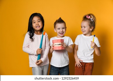 Three children with toothbrushes and a Dental implant model  stand over yellow background wall and smile rejoicing at the camera.The concept of health, oral hygiene, people and beauty. - Powered by Shutterstock