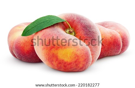 Three chinese flat donut peaches with leaf isolated on white with clipping path