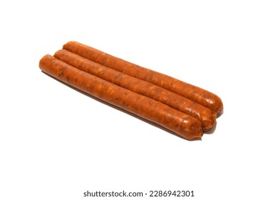 Three chistorra (from the Basque txistor, sausage; in Aragonese it is known as choriceta) is a type of sausage of Navarre origin made with fresh minced pork. Isolated on a white background.