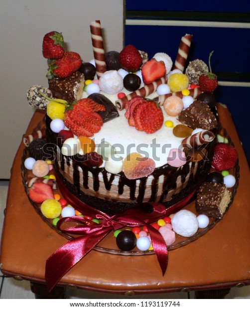 Three Chocolate Cake Decorated Candy Strawberries Stock Photo