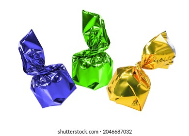 Three chocolate candies in a green, blue and yellow wrapper isolated white background.	
