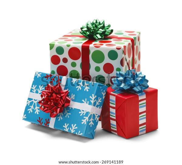 Three Christmas Wrapped Gifts Isolated On Stock Photo (Edit Now) 269141189