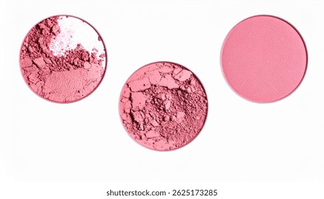 Three circular blush samples shown. One is full, one is mostly crumbled, and one is partially used. Pink shades, cosmetic texture shown.
