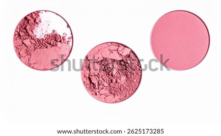 Three circular blush samples shown. One is full, one is mostly crumbled, and one is partially used. Pink shades, cosmetic texture shown.