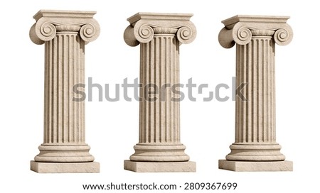 Three classic stone ionic columns with fluted shafts and volute capitals