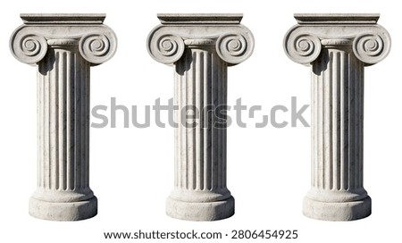 Three classical ionic stone columns with fluted shafts and volute capitals
