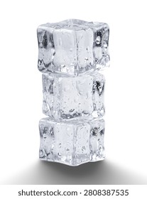 Three Clear Ice Cubes Stacked Vertically on White Background