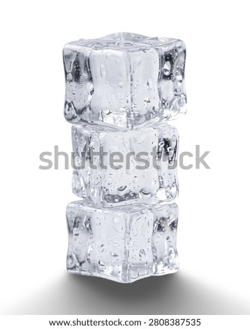 Three Clear Ice Cubes Stacked Vertically on White Background