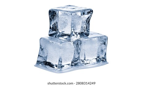 Three clear square ice cubes stacked together with melting water