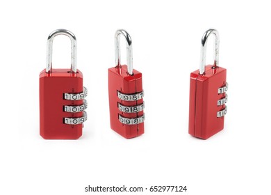Three closed red padlocks with a digital code on white background
