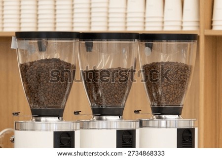 Three coffee grinders are lined up next to each other, each filled with a different amount of coffee beans