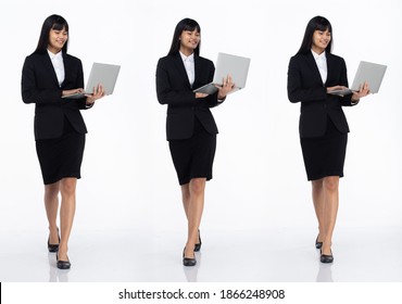 Three Collage Full Length Of 20s Asian Office Business Woman Black Short Hair Wear Dark Suit Skirt And Shoes. Female Carry Laptop To Work And Walk Toward Over White Background Isolated