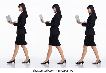 Three Collage Full length of 20s Asian office business Woman black short hair wear dark suit skirt and shoes. Female carry laptop to work and walk side view over white Background isolated