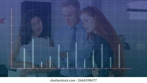 Three colleagues analyzing data in office with laptop and tablet, highlighting bar chart overlay. Business, collaboration, analytics, technology, teamwork, corporate, professional