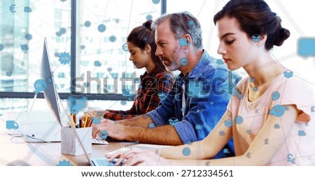 Three colleagues are analyzing ecommerce data in flat design with laptops, euro and percent icons. Business, teamwork, technology, analytics, digital, corporate, innovation