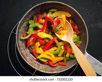 Three Color Bell Pepper Strips In A Pot