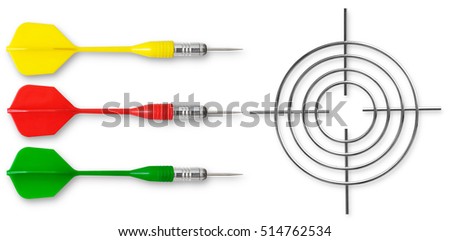 Three colored dart and the metal target on a white background
