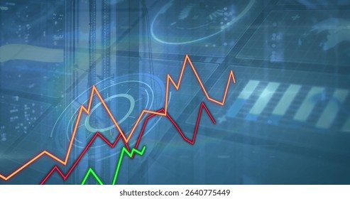 Three colored line graphs plotting data trends in virtual dashboard, with HUD elements, grid, map. Big data, analytics, visualization, digital interface, futuristic, finance, technology