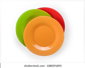 Three Colored Plates Stack Top View. Isolated On White, Clipping Path Included