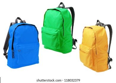 Three Colorful Backpacks Standing on White Background