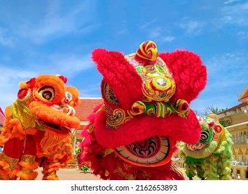 Three Colorful Chinese Lions Dance Street Performances Celebration Against Blue Sky In Outdoor Area