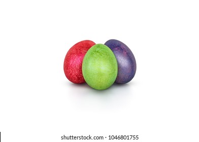 Three colorful handmade easter eggs isolated on a white