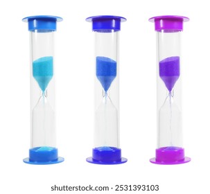 Three colorful plastic hourglasses isolated on white background - Powered by Shutterstock