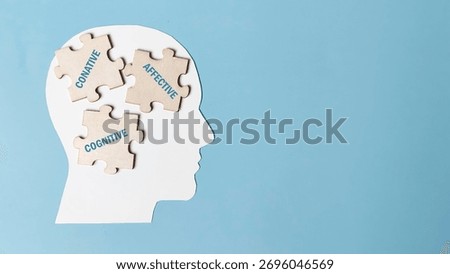 The Three Components of Mind (Cognitive, Affective, Conative) represented by jigsaw puzzle pieces within a human head silhouette, illustrating psychological completeness and learning.