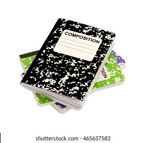 Three composition notebooks on a white background.
