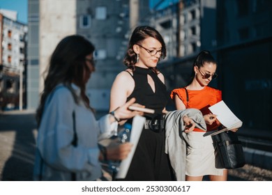 Three confident businesswomen walking outside an office building, engaged with documents. Capture of professional women in an urban setting on a sunny day. - Powered by Shutterstock