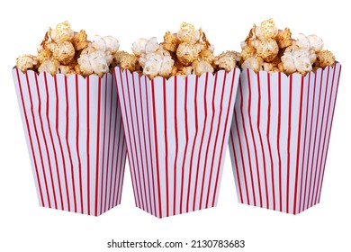 Three Containers Of Popcorn Food On A White Isolated Background. Red Striped Square Carboard Boxes Of Kettle Corn