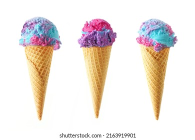 Three cotton candy flavored ice cream cones isolated on a white background. Pink, blue and purple color. - Powered by Shutterstock