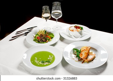 Three Course Meal On Table