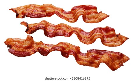 Three crispy fried bacon strips with golden brown texture