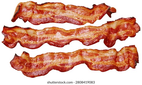 Three crispy fried bacon strips with golden brown texture