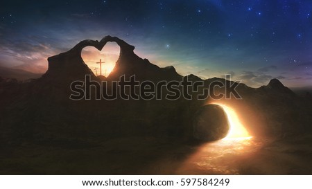 Three crosses and an empty grave on Easter morning with a heart shape in the rocks
