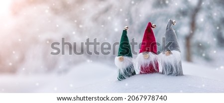 Three cute gnomes in the snowdrift in the winter forest in snowfall. Beautiful view of the snowy background in natural park.