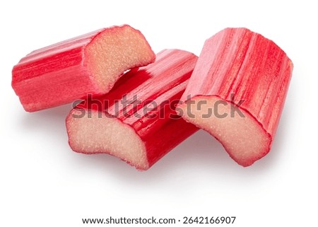 Three cuts of red rhubarb stem on white background. File contains clipping paths.
