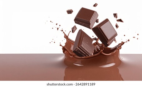Three dark chocolate chunks falling into a pool of milk chocolate, creating a splash. Isolated on white.