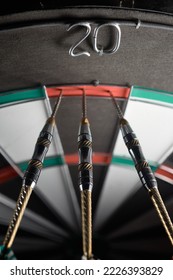 Three darts in the doubling 20 sector. Playing darts 120 scored with three darts - Shutterstock ID 2226393829
