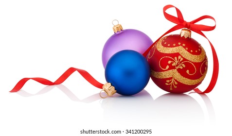 Three decorations Christmas ball with ribbon bow isolated on white background
