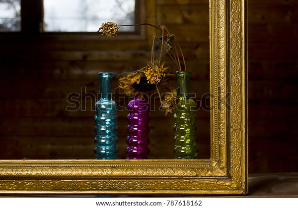 Three Decorative Bottles Vases Withered Flower Stock Photo Edit